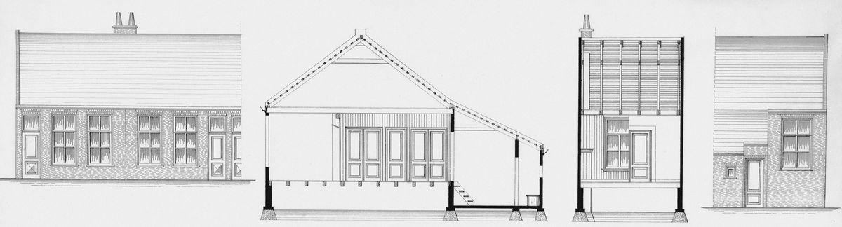 Oude bouwtekening met gevels en doorsneden van een rij arbeiderswoningen